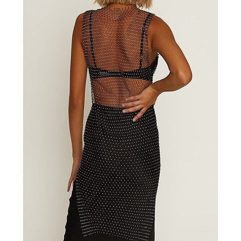 Diamante Studded Mesh Net Dress by Muse