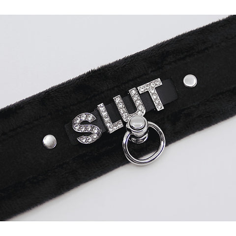 Diamante Slut Fluffy Fetish Collar by Love In Leather