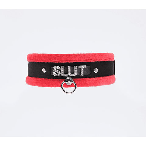 Diamante Slut Fluffy Fetish Collar by Love In Leather