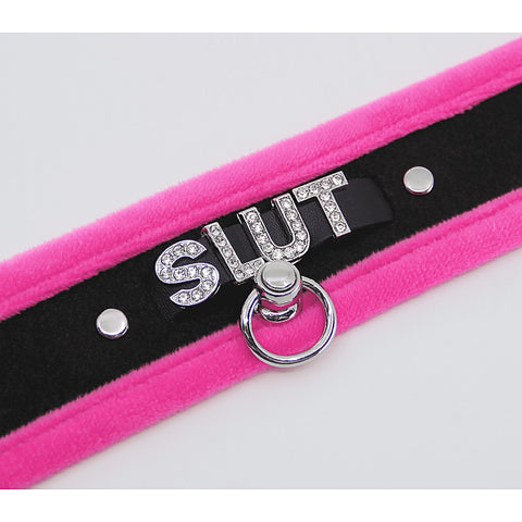 Diamante Slut Fluffy Fetish Collar by Love In Leather
