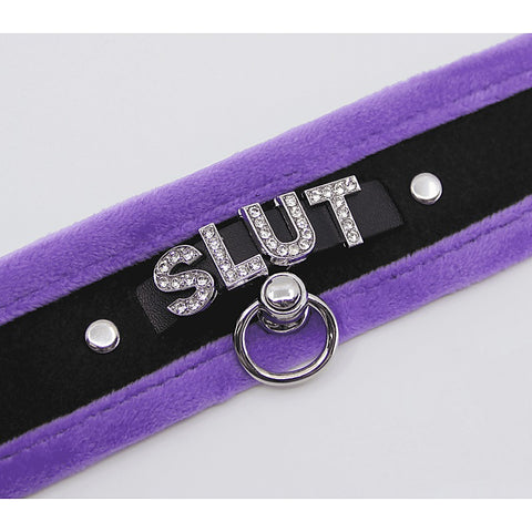 Diamante Slut Fluffy Fetish Collar by Love In Leather