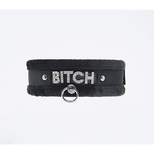Diamante Bitch Fluffy Bondage Collar by Love In Leather