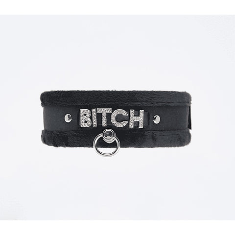 Diamante Bitch Fluffy Bondage Collar by Love In Leather