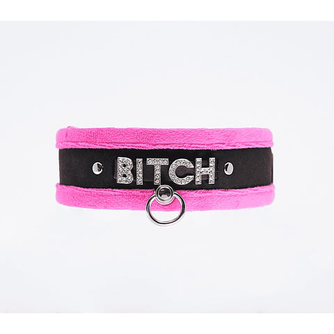 Diamante Bitch Fluffy Bondage Collar by Love In Leather