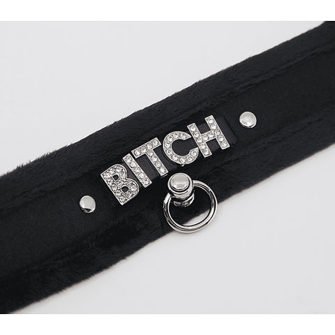 Diamante Bitch Fluffy Bondage Collar by Love In Leather