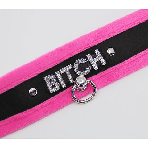 Diamante Bitch Fluffy Bondage Collar by Love In Leather