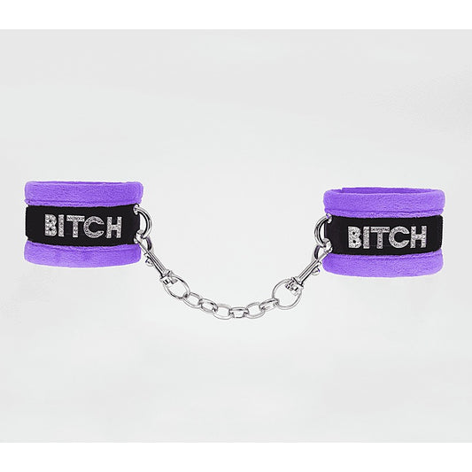 Diamante Bitch Fluffy Wrist Restraints by Love In Leather