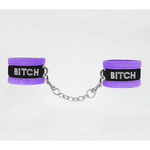 Diamante Bitch Fluffy Wrist Restraints by Love In Leather