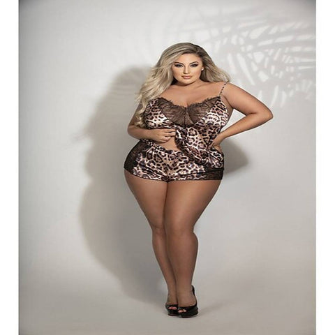 Two Piece Leopard Print Satin and Lace Cami and Tap Short