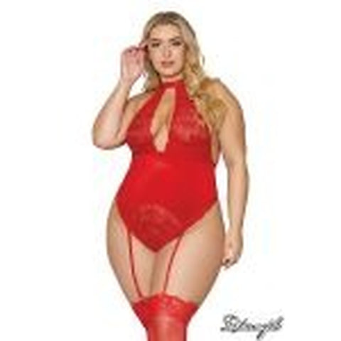 Stretch Lace & Velvet Garter Teddy Lipstick Red by Dreamgirl