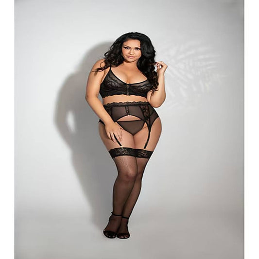 Seven Til Midnight Three Piece Lace and Mesh Bra Garter Belt and G-String Set Black