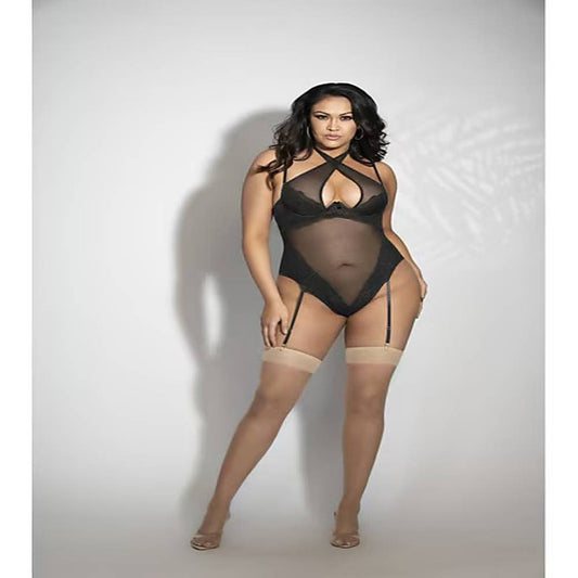 Seven Til Midnight Lace and Mesh Teddy With Removable Shoulder Straps and Thong Back 3X/4X