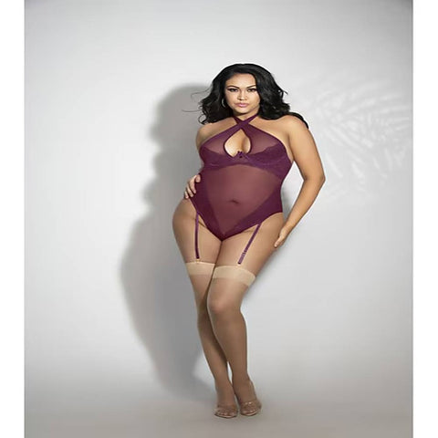 Seven Til Midnight Lace and Mesh Teddy With Removable Shoulder Straps and Thong Back 3X/4X