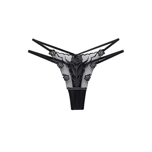 Womens Embroidered G-String Panties Black by Love In Leather