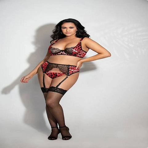 Three Piece Leopard Print Satin and Lace Bra Garter Belt