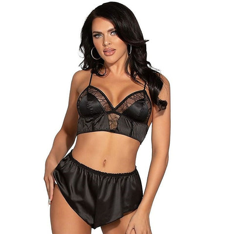 Two Piece Satin & Lace Long Line Bralette & Tap Short Set