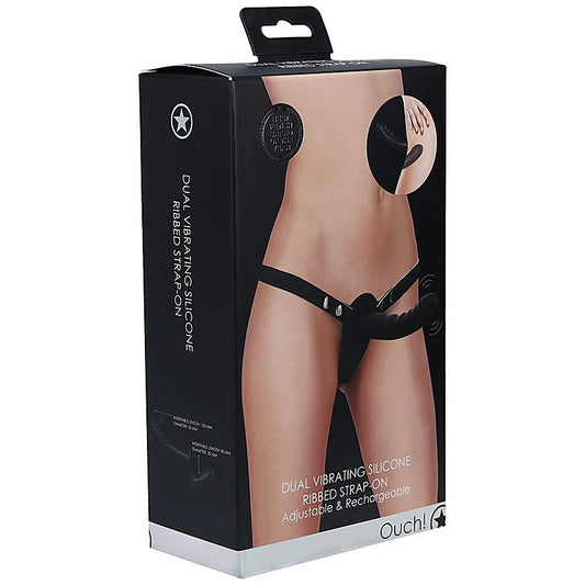 OUCH! Dual Silicone Ribbed Vibrating Strap-On by Shots Toys