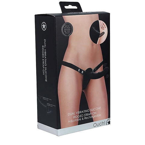 OUCH! Dual Silicone Ridged Vibrating Strap-On by Shots Toys