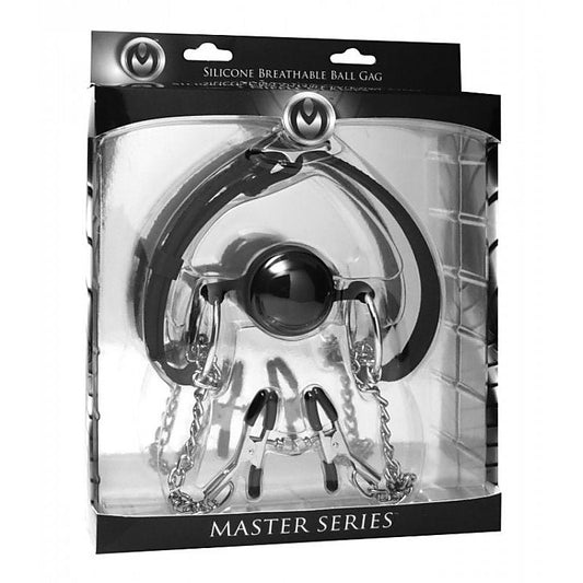 Breathable Silicone Ball Gag With Nipple Clamps by XR Brands