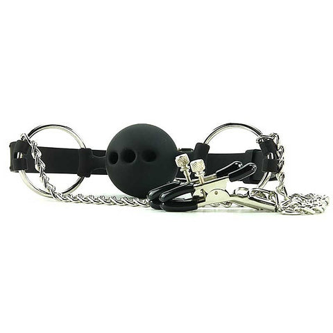 Breathable Silicone Ball Gag With Nipple Clamps by XR Brands