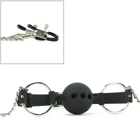 Breathable Silicone Ball Gag With Nipple Clamps by XR Brands